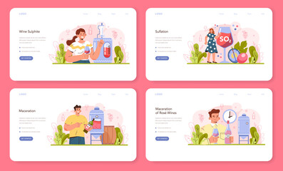 Wine production web banner or landing page set. Grape wine in a bottle or glass