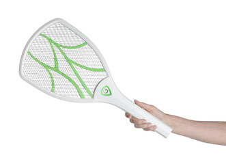 Man with electric fly swatter on white background, closeup. Insect killer