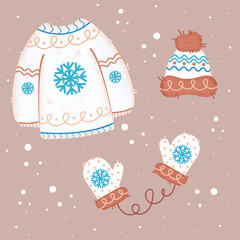 A set consisting of warm winter clothes, such as a sweater, gloves,  and hat. Winter set of clothes for  ribbon, decoration, web, design, packaging, materials.