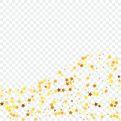 Star Sequin Confetti on Black Background. Christmas Party Frame. Voucher Gift Card Template. Vector Gold Glitter. Falling Particles on Floor. Isolated Flat Birthday Card. Golden Stars Banner.