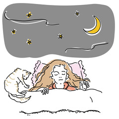 ベッドで猫と眠る女性