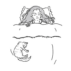 ベッドで猫と眠る女性