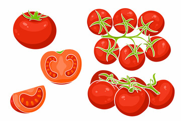 Tomatoes set. Fresh tomatoes, tomatoes on a branch, a wedge and a half.