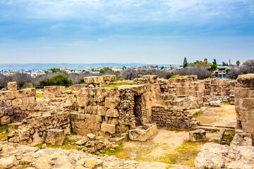 Fototapeta na wymiar Cyprus The ruins of the ancient Greek city in Paphos is an archaeological site. Greece island. Tourist place, sightseeing of the island of Cyprus. Interesting historical tours. background copy space