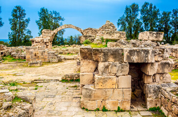 Cyprus The ruins of the ancient Greek city in Paphos is an archaeological site. Greece island. Tourist place, sightseeing of the island of Cyprus. Interesting historical tours. background copy space