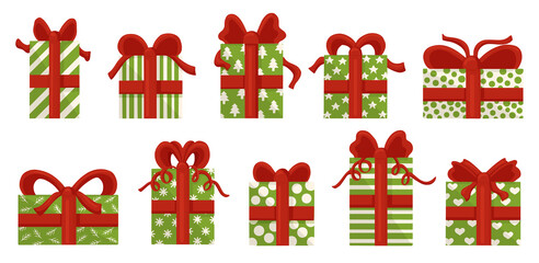 Collection of Christmas gift boxes with red ribbons isolated on white background. Modern design for Holidays invitation card, poster, print. Vector illustration. Merry Christmas and Happy New Year.