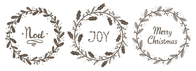 Collection of Christmas floral wreaths. Modern design for Holidays invitation card,  poster, banner, greeting card, postcard, packaging, print. Vector illustration isolated on white background.