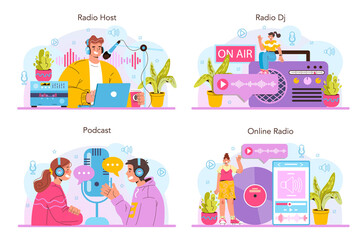 Radio host concept set. Idea of news broadcasting in the studio. Radio DJ