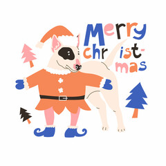 Butterier Dog in festive elf costume. Quote Merry Christmas. Celebrating Holiday and Newyear. Vector illustration in flat style. Isolated in white background. Christmas tree, doggy, masquerade. 