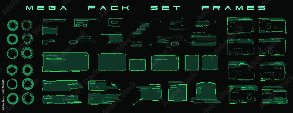 Poster Modern futuristic digital frames for games. Set of futuristic green frames, dialog boxes. Elements for the user interface HUD, UI. Set of cyber frames for HUD user interface