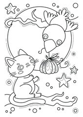 Coloring page with cat and crow, hand-drawn vector illustration.