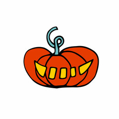Doodle Halloween scary orange pumpkin. Fun, creepy, luminous face with fangs. Happy Halloween Holiday Symbol isolated on white background. Character sticker. Cartoon Vector Spooky Autumn Illustration