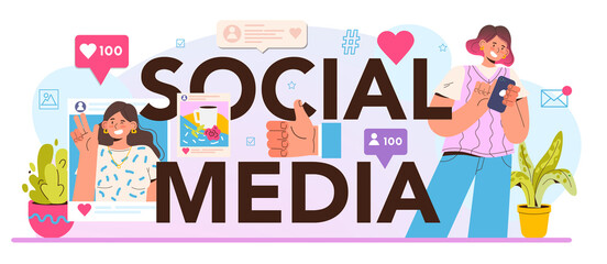Social media typographic header. SMM, advertising of business in the internet