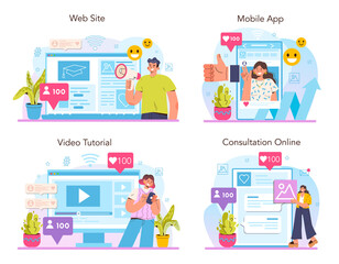 SMM online service or platform set. Social media marketing, advertising