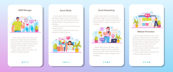 SMM mobile application banner set. Social media marketing, advertising