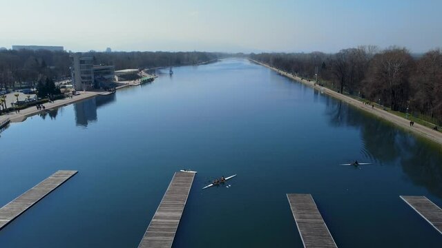 Drone view of rowers on scull, rowing canal in Plovdiv, Bulgaria