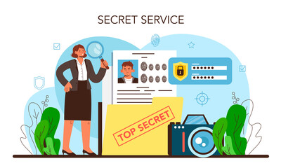Spy. Secret agent or fbi investigating crime. Protection of espionage