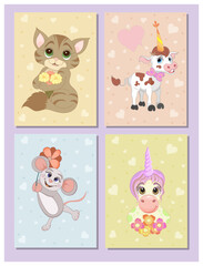 A set of postcards. A cat with flowers, a bear with  heart, a happy bull, a mouse with  flower.Unicorn with flowers.Valentine's Day. Cartoon drawing.  Can be used to print books, magazines, stickers,g