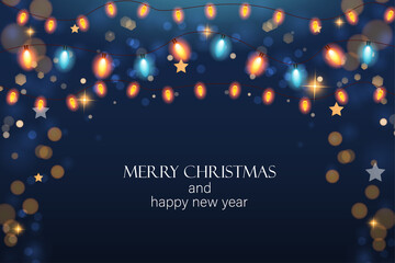Obraz premium Merry Christmas background with lights and bokeh effect. Vector illustration.