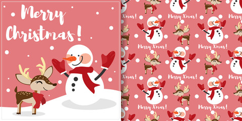Christmas holiday season banner with Merry Christmas text and seamless pattern of a snowman and a reindeer wear red scarf on pink background with snowflakes. Vector illustration.