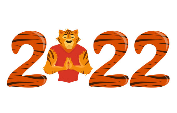 vector illustration on the theme of the new 2022 year of the tiger according to the Chinese calendar. A calm tiger with his eyes closed with numbers on his sides
