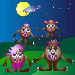 Family of funny monsters at night