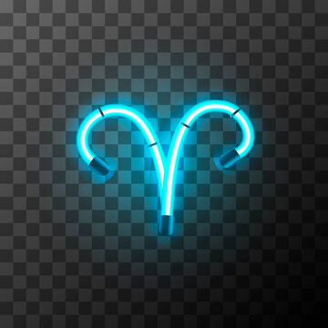 Aries bright blue neon zodiac sign, star sign for astrology horoscope on transparent