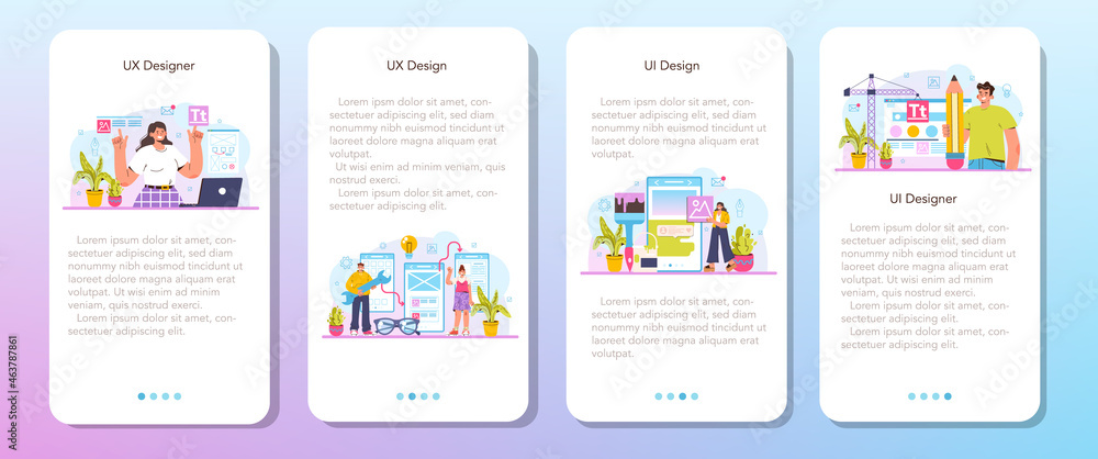Poster ux and ui designer mobile application banner set. app interface improvement