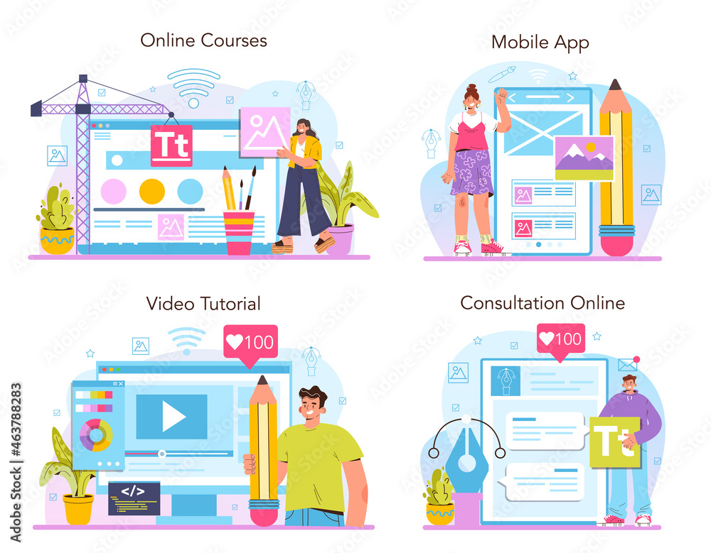 Poster web designer online service or platform set. interface and content presentation