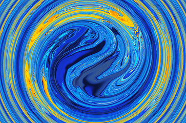 Abstract bright fluid blue and yellow orange background. Art digital backdrop. Vibrant banner. Template. Water wave effect. Ocean Swirl. Marble texture. Whirlpool tunnel. Swirling ink illustration.