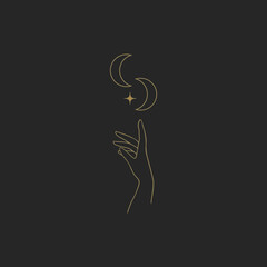 Fashion beauty moon logo template. Minamalism style moon logotype. Elegant hand hold moon logo with stars. Elegant. Luxury.