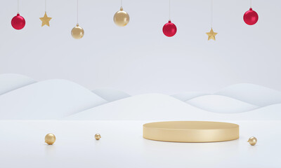 Podium with balls christmas on white winter landscape background. 3D rendering.