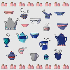 Vector tea collection of vintage tableware. Cozy set with tea and coffee cups, plates, dishes, kettle and teapot. Kitchen elements. Isolated. Hand drawn food and drink. Tea party template.