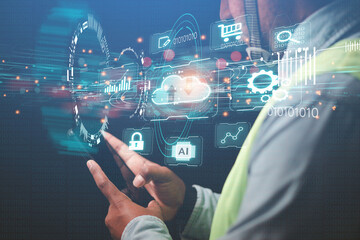 Engineers or businessmen show cutting-edge innovations in the automated cloud storage industry. Data optimization concept Elements of this image furnished by NASA.