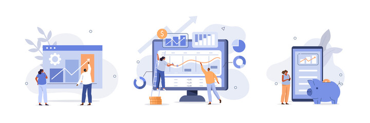 Characters investing money in stock market. People analyzing financial graphs, charts and diagrams and other data. Stock trading concept. Flat cartoon vector illustration and icons set.