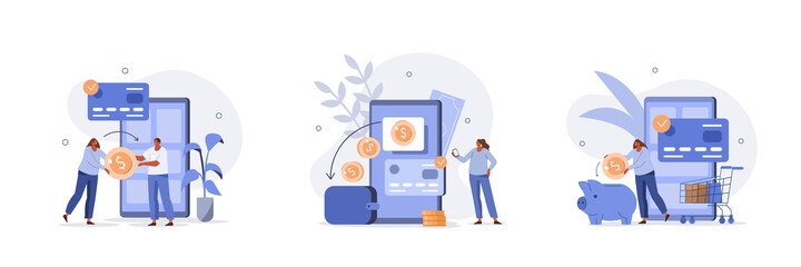 
Characters paying online and receiving bonus money or reward back on credit card. Cashback, financial savings and money refund concept. Flat cartoon vector illustration and icons set. - obrazy, fototapety, plakaty