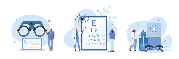 
Doctor ophthalmologist showing eye test chart to patient, examining his vision and choosing eyeglasses with correction lens. Ophthalmology concept. Flat cartoon vector illustration and icons set.
