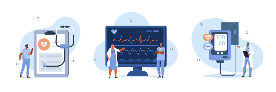 Heart disease screening and diagnostic concept. Doctor checks blood pressure and examine cardiogram and pulse on EKG monitor. Flat cartoon vector illustration and icons set.