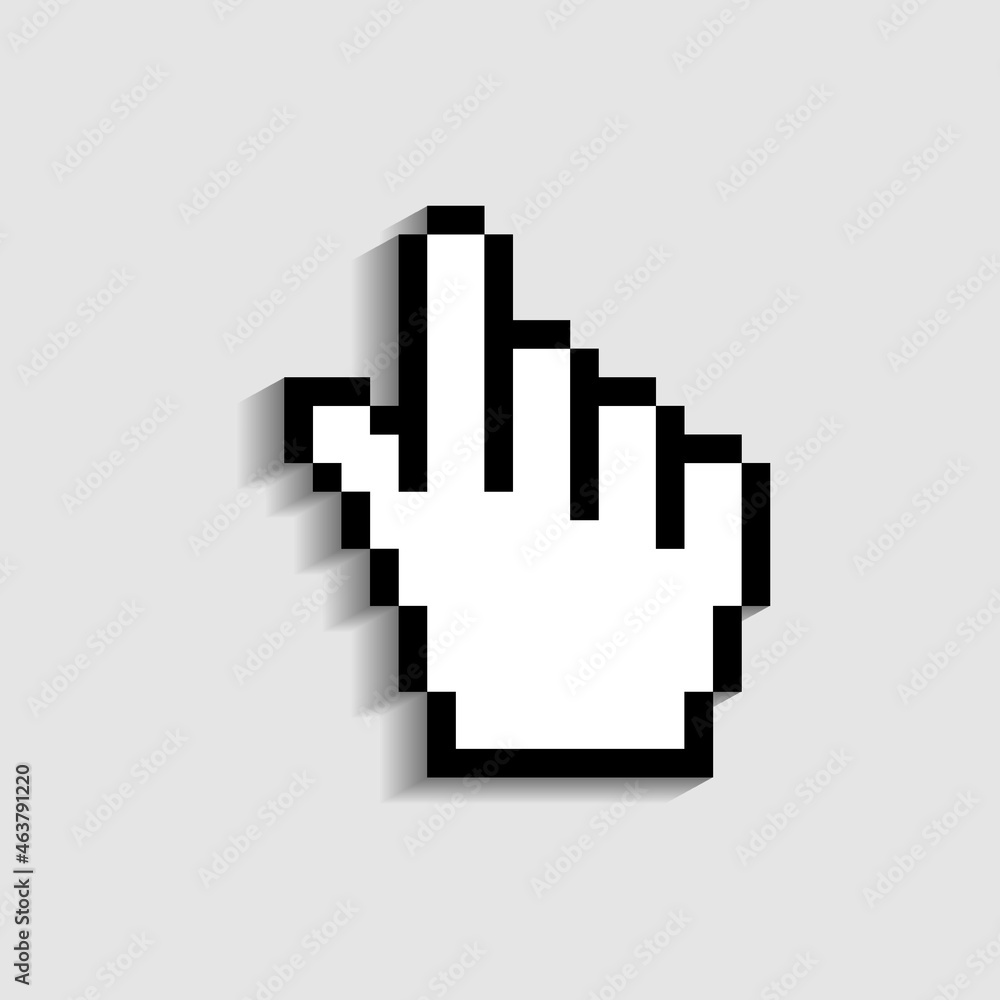 Poster hand cursor icon. finger - pointer of mouse. pixel icon in form hand cursor for click in web, comput