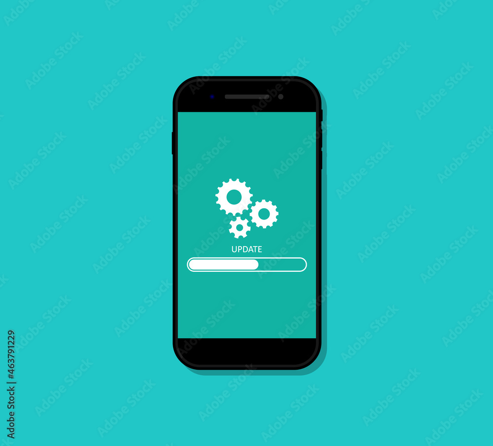 Poster phone update. upgrade of mobile software. loading of app on screen. reset in smartphone. download of