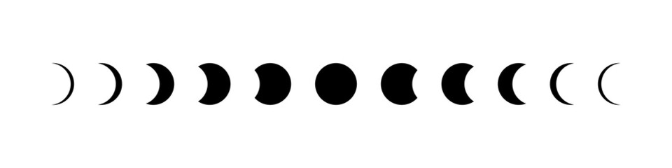 Moon phase. Icon of lunar cycle. stage of moon. Phase of eclipse of sun. Shape of full, half, crescent, quarter of star. Astronomy calendar. Black logo on white background. Symbol of planet. Vector.