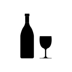 Wine bottle with glass cup. Icon of alcohol. Black silhouette of wineglass and bottle of champagne, bordeaux, cabernet, chardonnay, liquor, vodka and sauvignon. Isolated symbol of restaurant. Vector