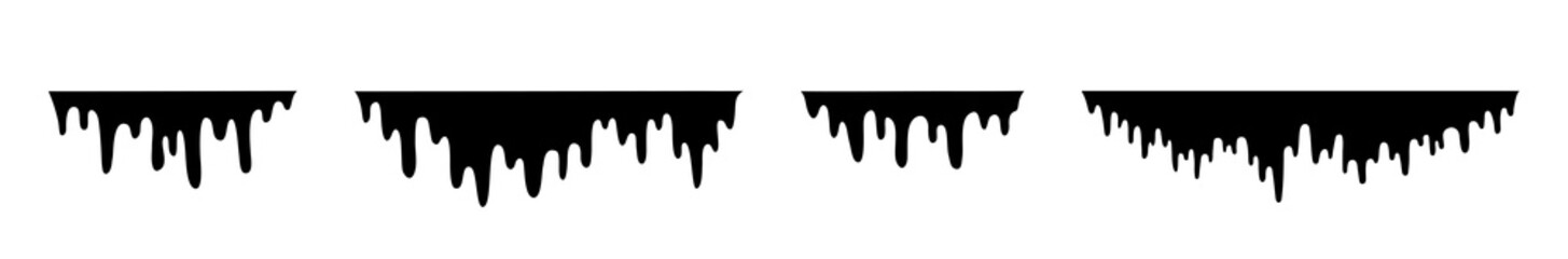 Oil drip. Melt paint with drop. Black flow of fluid. Art for graffiti, ink, liquid, syrup, chocolate and sauce. Spray texture isolated on white background. Stain of blood with splatter. Vector