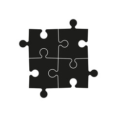 Puzzle icon. Jigsaw with four piece. Logo for logic and business solution. 4 part of puzzle for game. Black shape isolated on white background. Symbol of teamwork, combination and strategy. Vector