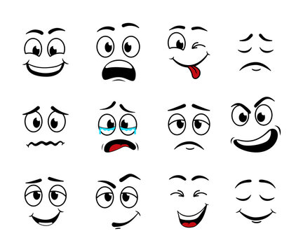 Cartoon face. Expression of eye and mouth. Smile and sad character. Set of funny, cute, angry, confused, laugh, crazy, evil and cry facial. Icon of comic. Sketch of doodle emoticon. Vector