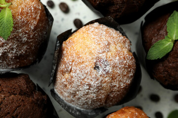 Concept of delicious food with chocolate muffins, top view