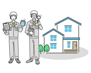 家と電卓や虫眼鏡を持つ作業員のベクターイラスト素材／コミュニケーション／現場監督／工事／リフォーム
