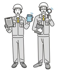 見積もりを出したり、虫眼鏡を持つ作業員のベクターイラスト素材／コミュニケーション／現場監督／工事／リフォーム