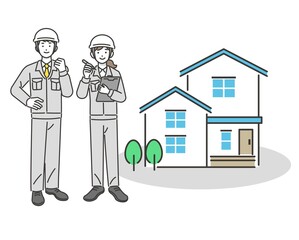 家とバインダーを持つ作業員のベクターイラスト素材／コミュニケーション／現場監督／工事／リフォーム