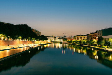 The Naviglio Grande canal at the evening in Milan, Italy